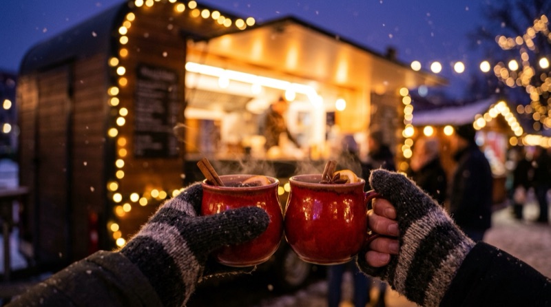Symbolbild: dampfende Glühweinbecher vor einem beleuchteten Foodtruck im Winter